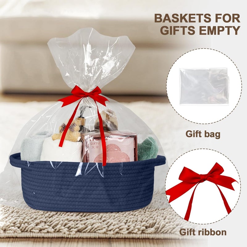WILLITAT Small Baskets for Gifts Empty, 13"x 9"x 5" Woven Gift Basket with Bag and Ribbon, Cotton Rope Kids Dog Cat Toy Bin Box, Cute Baby Nursery Organizer, Decorative Storage with Handles,Dark Blue - Image 2